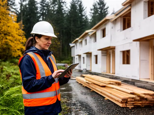 Woman in a white hard hat and orange safety vest checks a tablet beside new wrapped townhomes in the rain