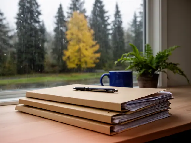 Stack of plain kraft folders with loose papers and a pen on a desk beside a rainy window, fern and blue mug