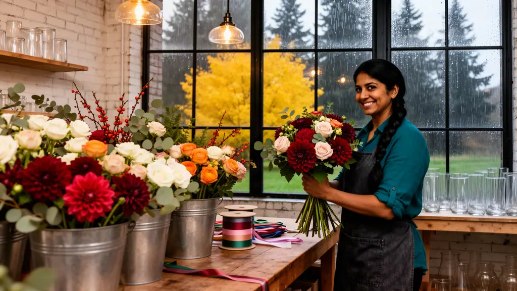 Smiling flower shop owner in a teal shirt and apron holding a bouquet in a bright rainy window workshop with buckets of flowers
