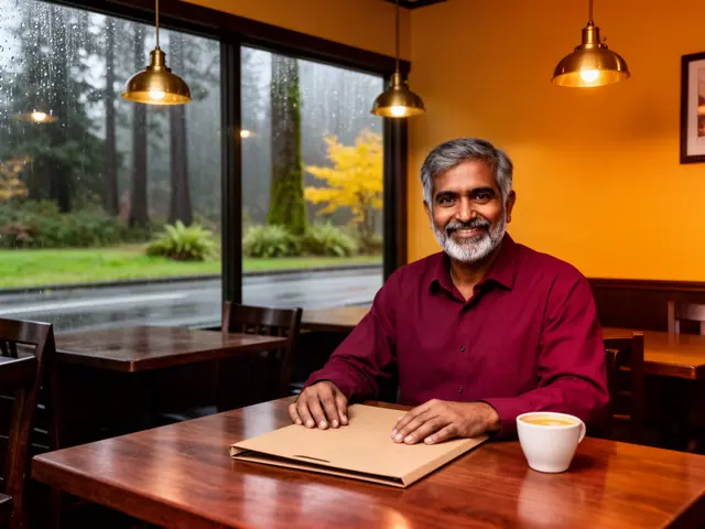 Smiling bearded man in a maroon shirt seated at a wooden restaurant table with a kraft folder and a white coffee cup