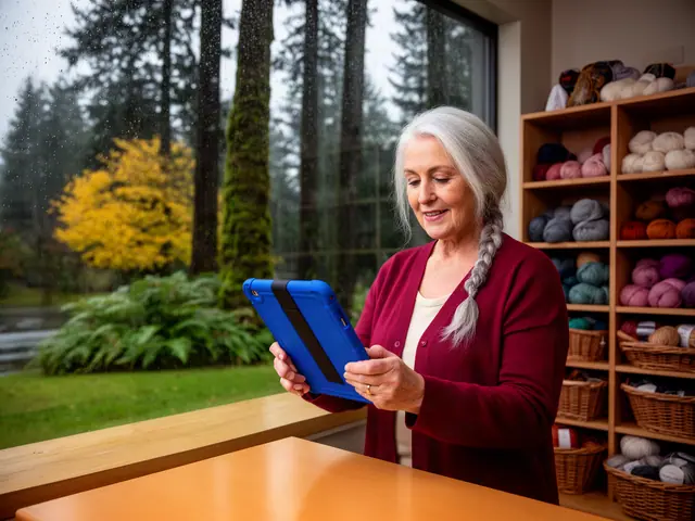 Silver-haired yarn shop owner in a red cardigan reviews a blue tablet beside shelves of wool skeins