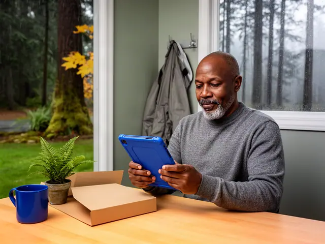 Bearded man in a grey sweater reads a blue tablet at a wooden table by a rainy forest window