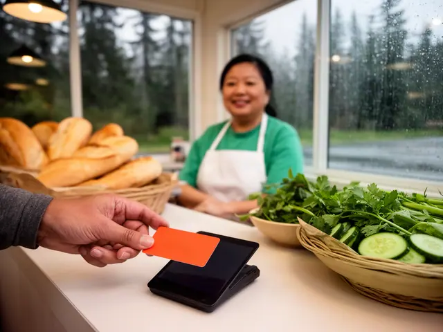 Hand holding a plain orange card above a black card reader on a counter while a smiling baker stands behind it